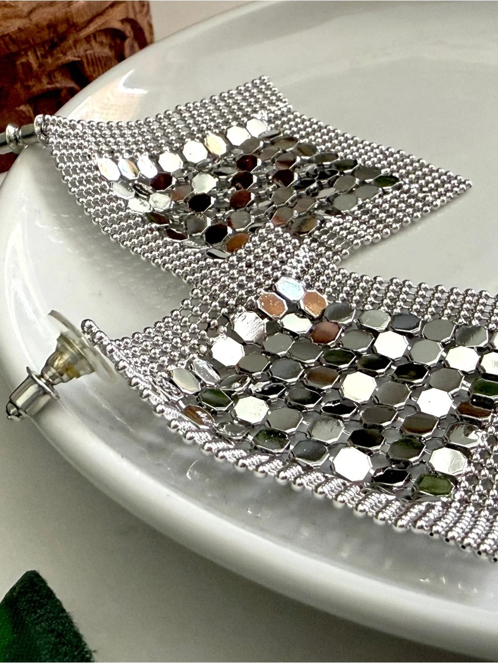 2/$30🌵 Silver Chainmail Mesh Drop Earrings Statement Sequin Party Glam Square